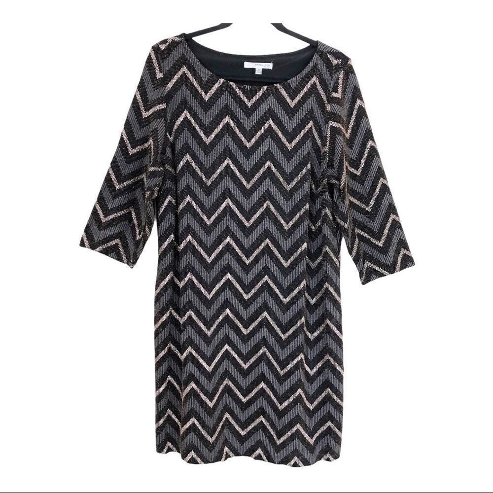 Studio One Black/Gray/Gold Sparkle 3/4 Sleeve Chevron‎ Pattern Dress Size 14
